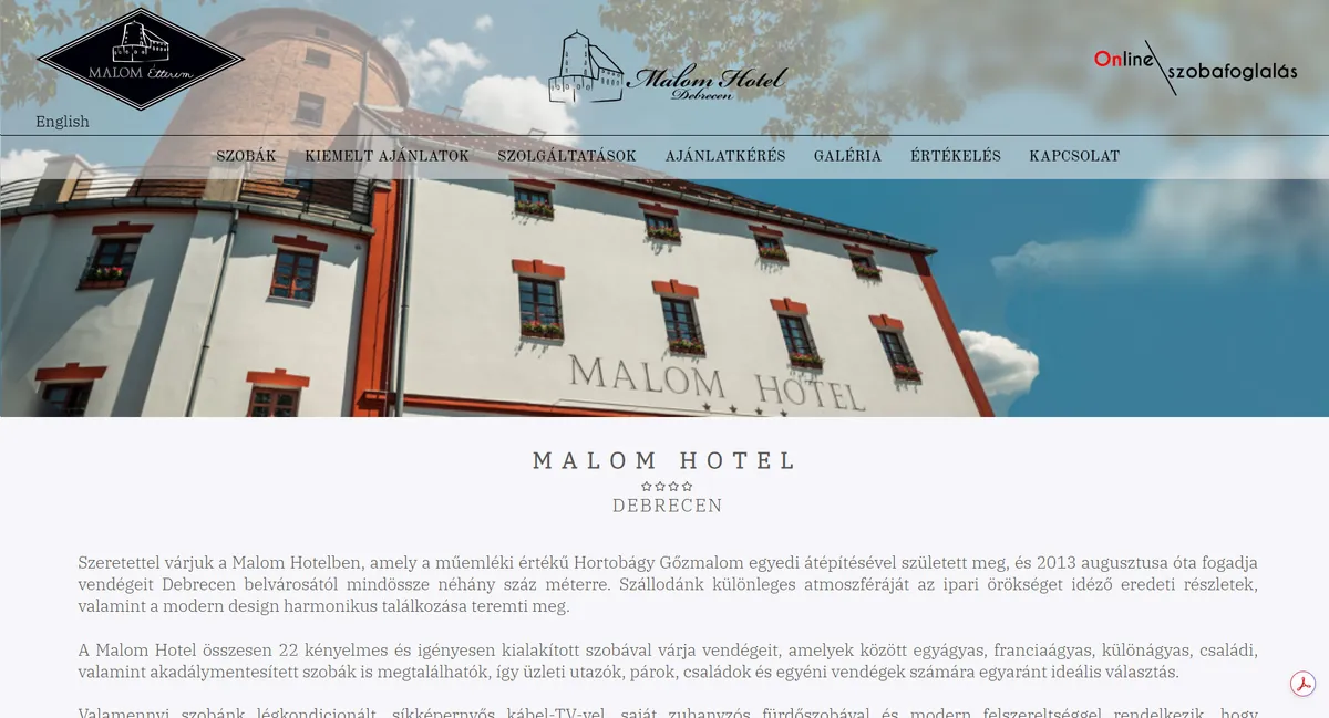 Malom Hotel weboldal képernyőképe