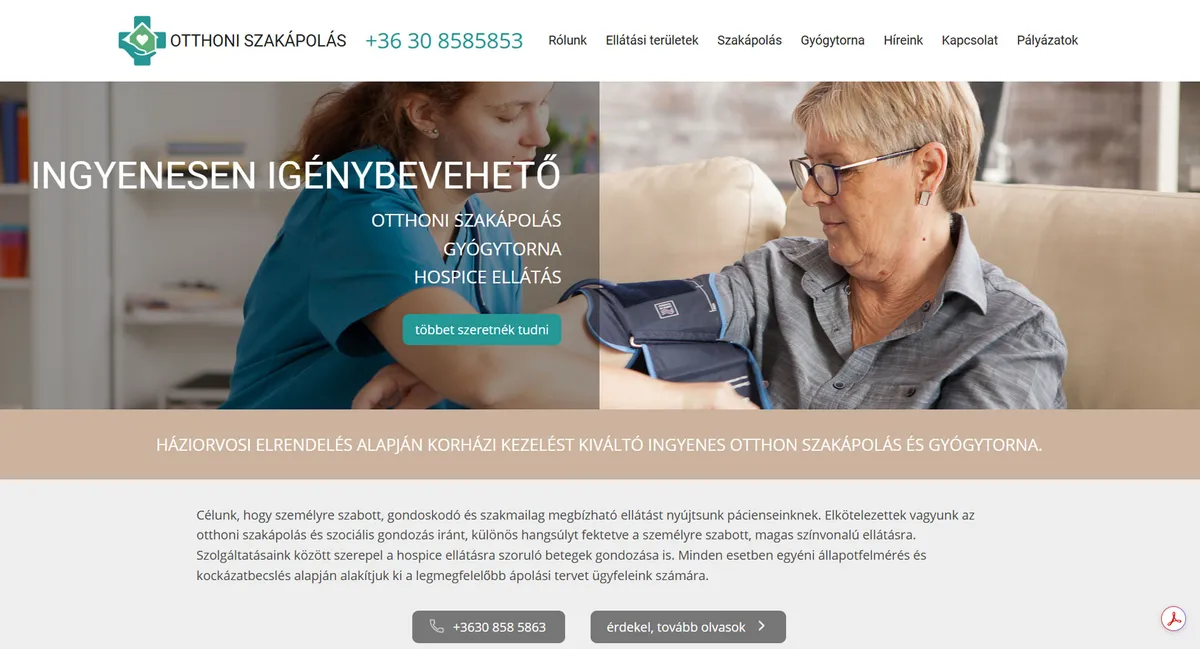 Otthoni szakápolás weboldal képernyőképe