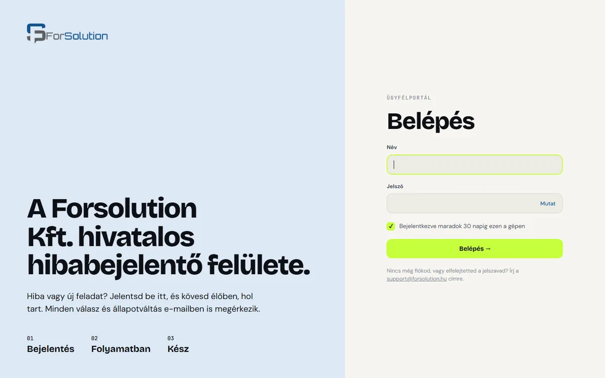 Ügyfélportál: a belépő oldal